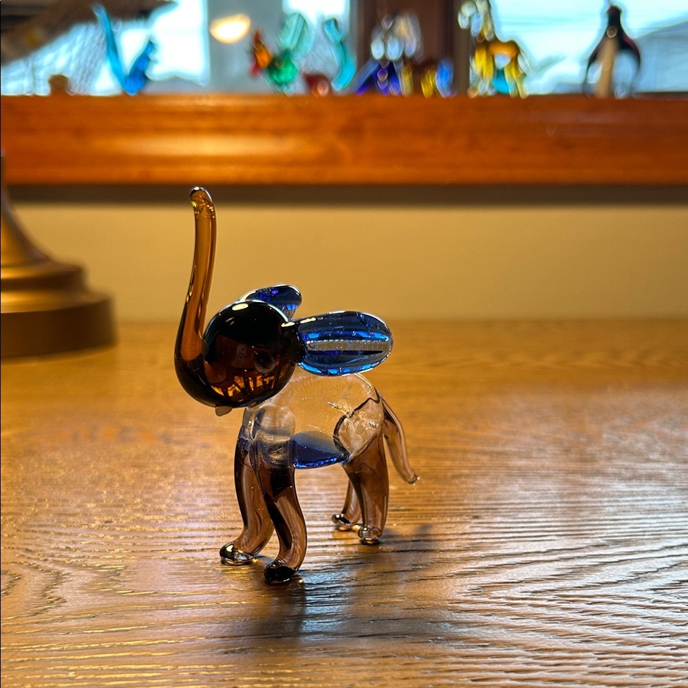 Vintage Glass Elephant Figurine Amber Blue Hand Blown Mid Century 1970s
